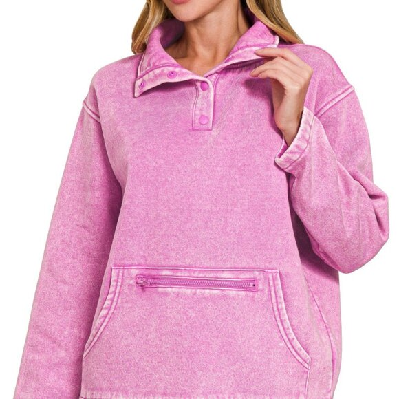 Zenana Fleece Washed High Neck Kangaroo Pocket Sweatshirt - Picture 1 of 3